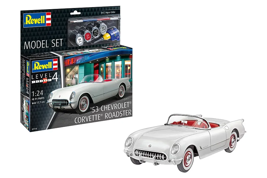 Revell 1/24 scale 1953 Chevrolet Corvette model kit box and a fully assembled white convertible model car on a white background.