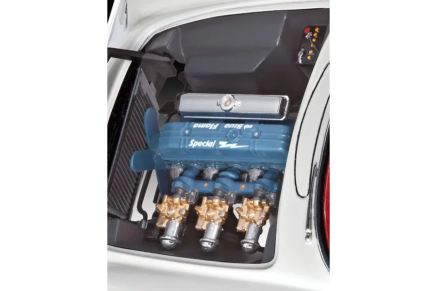 Close-up view of the detailed Blue Flame engine inside a 1/24 scale Revell 1953 Chevrolet Corvette model car kit.