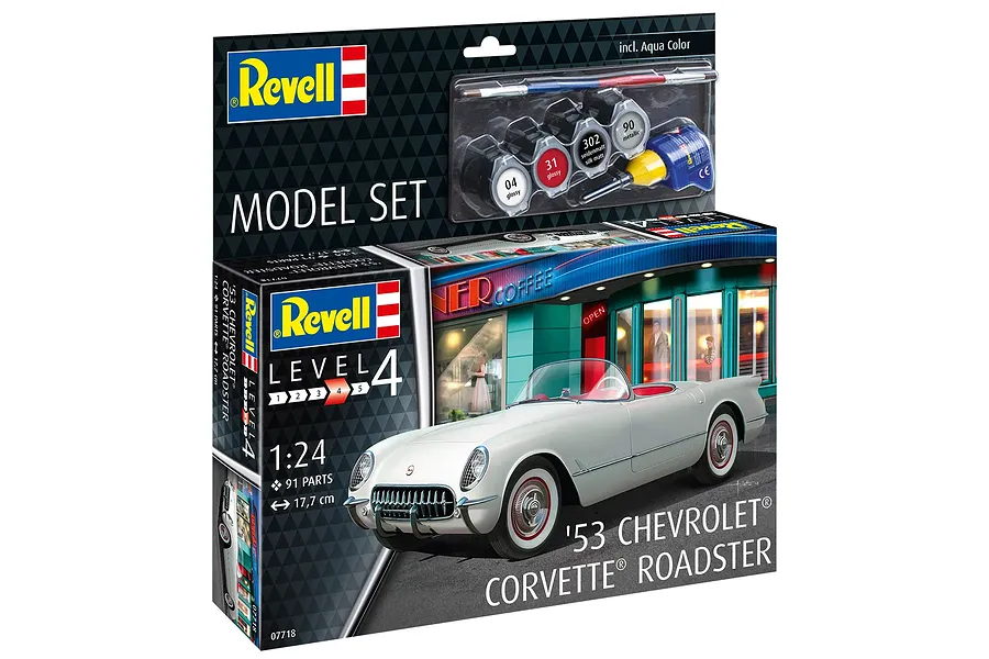 Revell 1/24 scale 1953 Chevrolet Corvette Roadster model kit box showing the finished car model, paint pots, and a paintbrush.