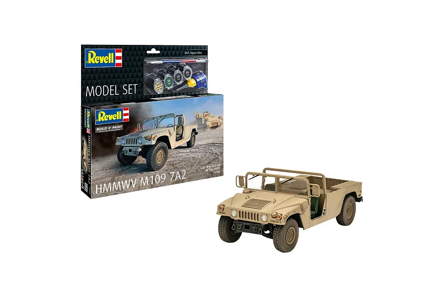 Revell 1/35 scale HMMWV M109 7A2 model kit box and a fully assembled, painted tan military vehicle model.