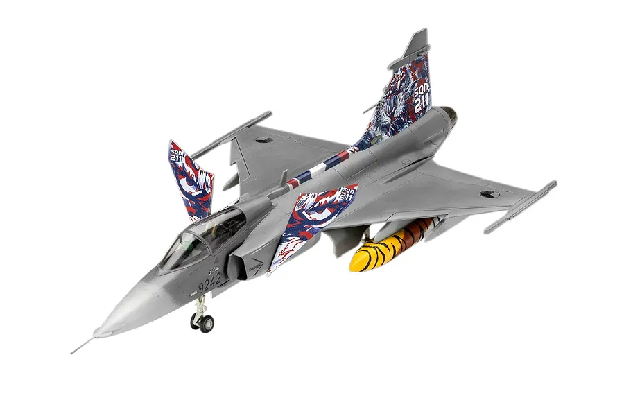 A 1/72 scale plastic model of a Saab JAS-39C Gripen fighter jet with special tiger-themed decals, shown against a white background.