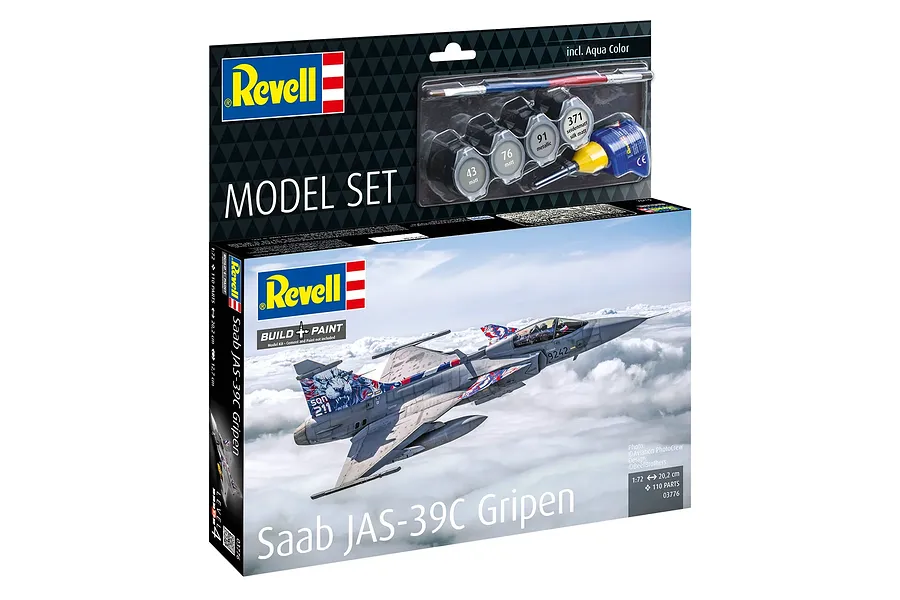 Revell 1/72 scale Saab JAS-39C Gripen model kit box featuring a fighter jet in flight, including paint pots, glue, and a brush.