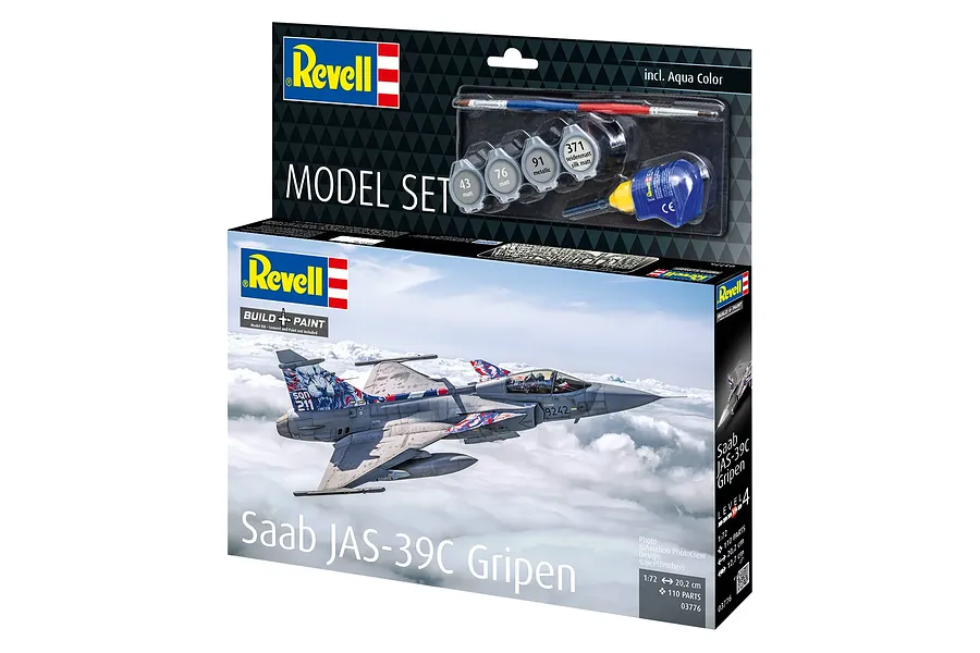 Revell 1/72 scale Saab JAS-39C Gripen fighter model kit box, featuring a graphic of the aircraft in flight and included paints, brush, and glue.
