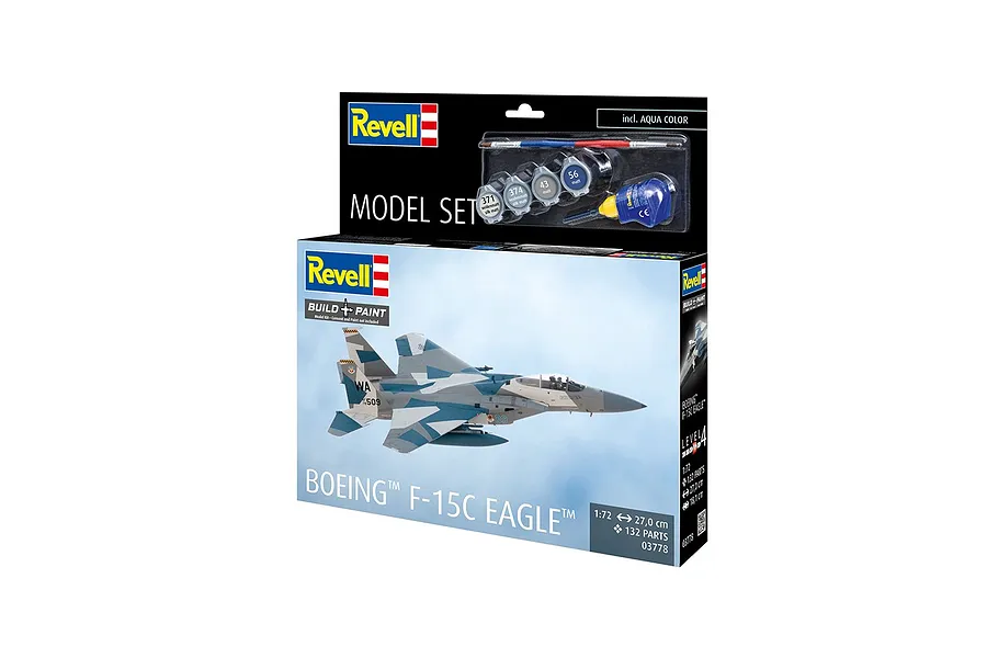 Revell 1/72 scale Boeing F-15C Eagle model kit box showing the finished aircraft, paint pots, and a brush.
