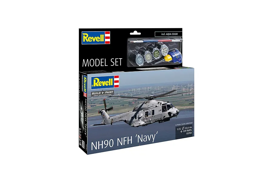 Revell 1/72 scale NH90 NFH Navy helicopter model kit box, including paints, brush, and glue, set against a white background.