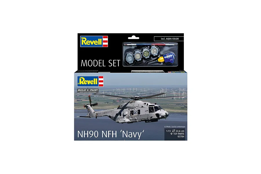 Revell 1/72 scale NH90 NFH Navy helicopter model kit box, featuring a photo of the helicopter in flight and included paint and glue accessories.