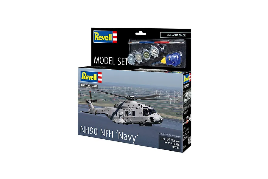 Revell 1/72 scale NH90 NFH Navy helicopter model kit box, including paints, glue, and a brush, displayed against a white background.