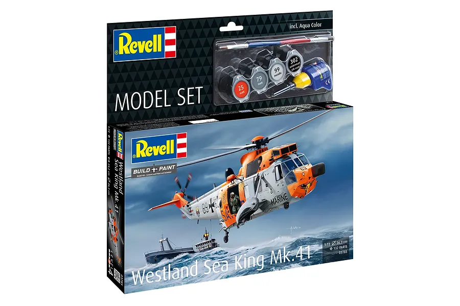 Revell 1/72 scale Westland Sea King Mk. 41 model kit box showing a helicopter flying over a ship, including paint, glue, and a brush.