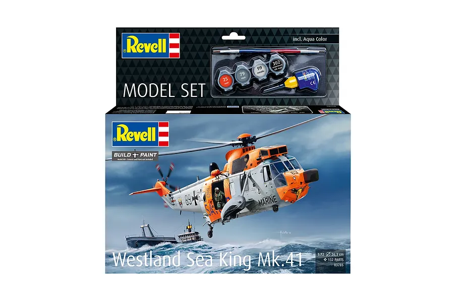 Revell 1/72 scale Westland Sea King Mk. 41 helicopter model kit box featuring an illustration of the helicopter flying over a ship at sea.