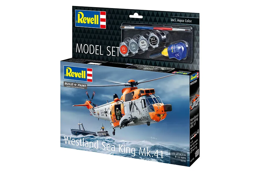 Revell 1/72 scale Westland Sea King Mk. 41 plastic model helicopter starter kit box showing the finished model over a sea scene with included paints and glue.