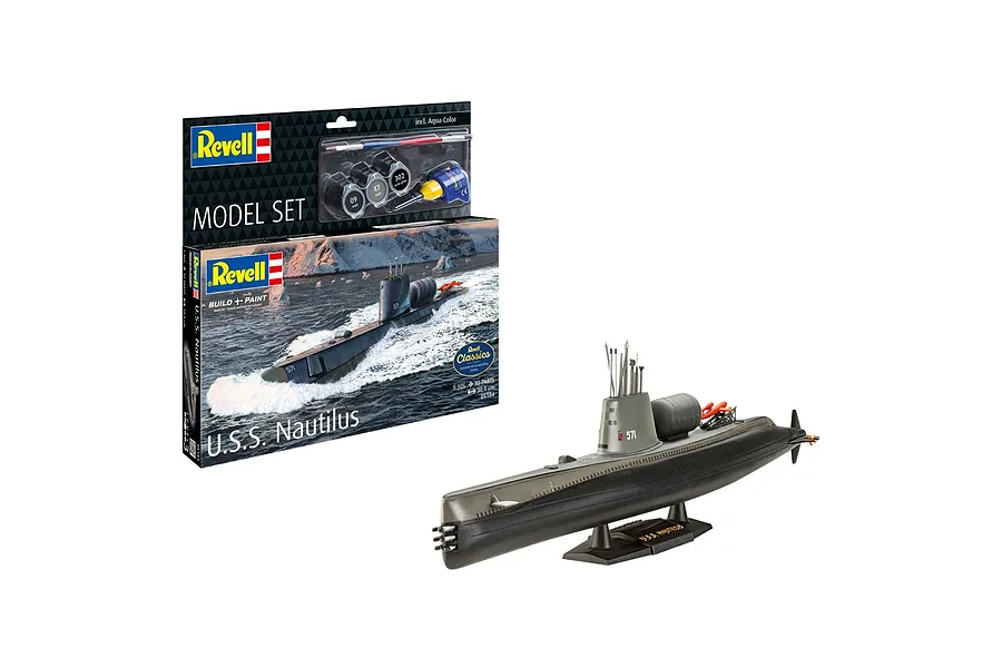 Revell 1/305 scale U.S.S. Nautilus submarine model kit, showing the product packaging and the fully assembled and painted model on a display stand.