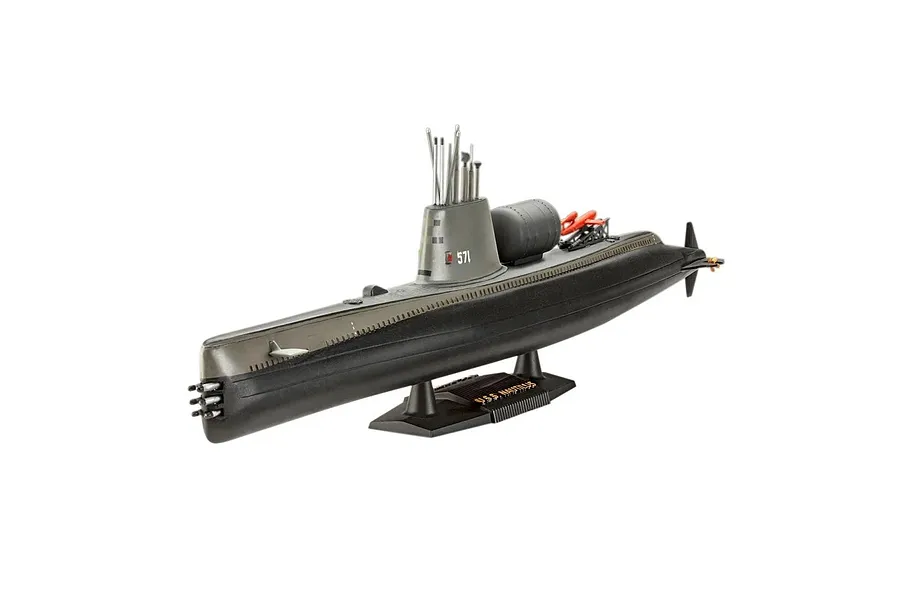 A completed Revell 1/305 scale plastic model of the U.S.S. Nautilus submarine, displayed on a black stand against a white background.