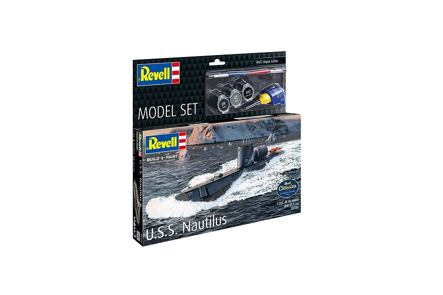 Revell 1/305 scale U.S.S. Nautilus submarine plastic model kit box showing the submarine in water and included paint and glue accessories.
