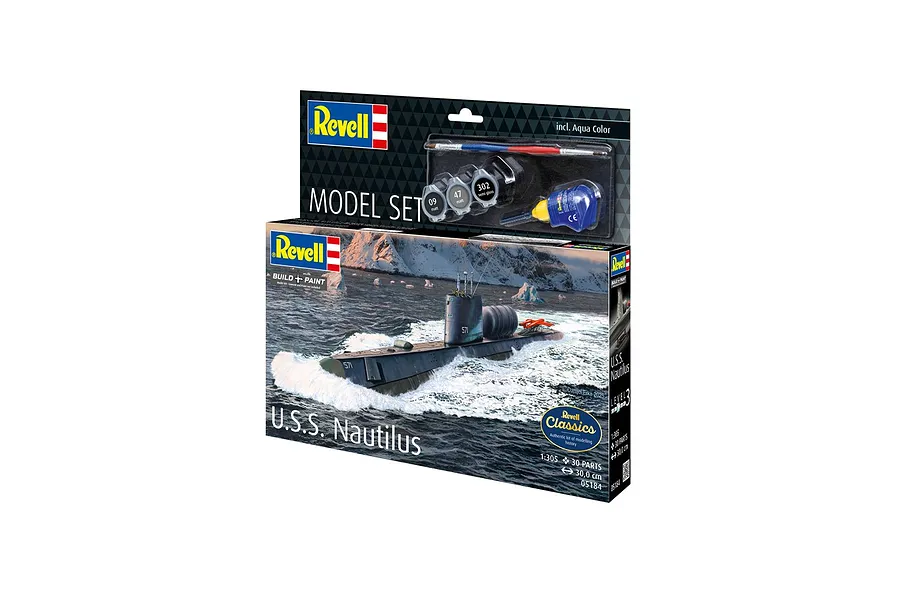 Revell 1/305 scale U.S.S. Nautilus model submarine starter kit box featuring included paints, glue, and a paintbrush.