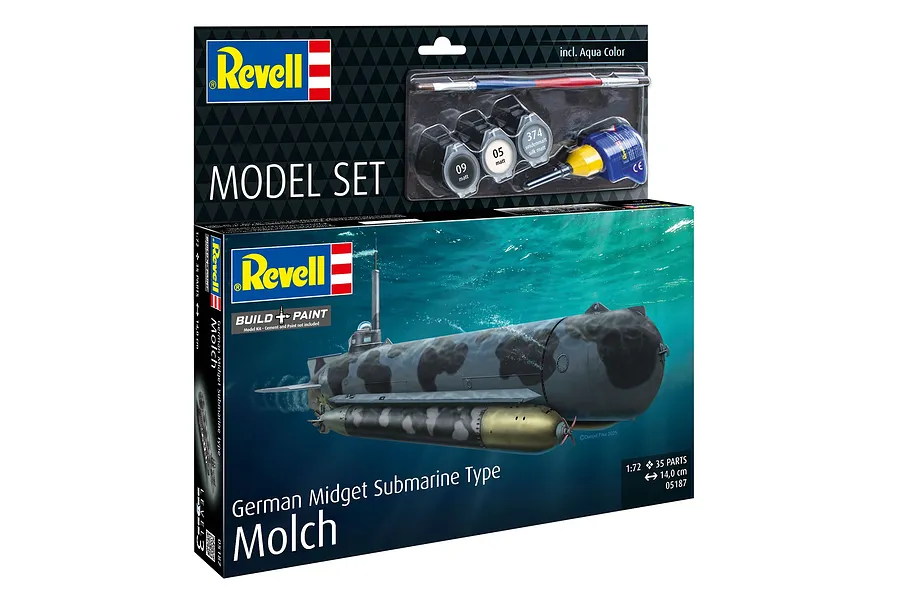 Revell 1/72 scale German Midget Submarine Type Molch model kit box showing the submarine underwater, with included paints, glue, and brush.