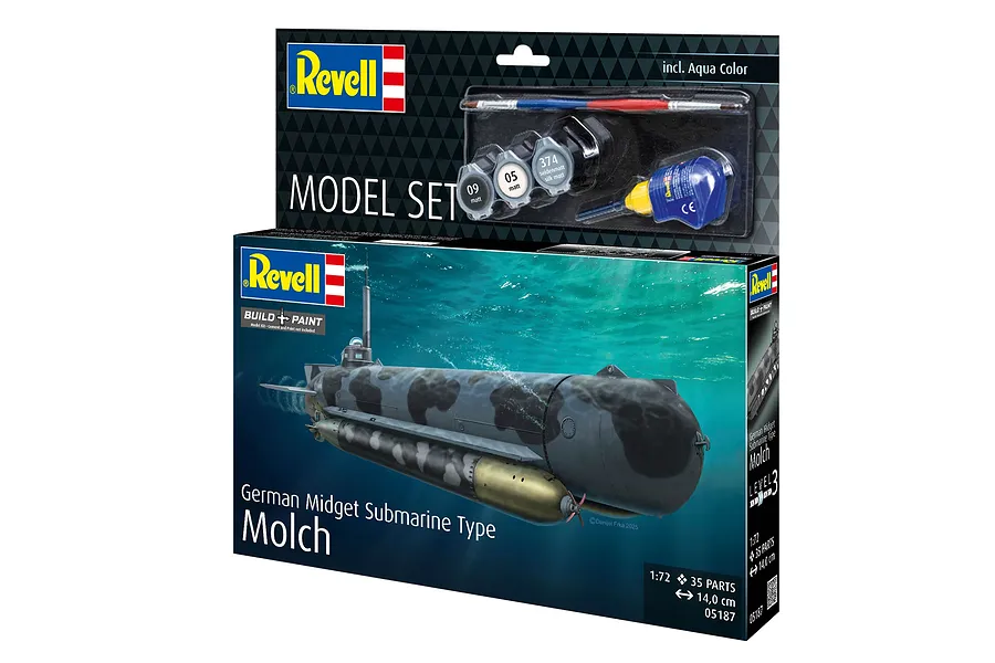 Revell 1/72 scale German Midget Submarine Type Molch model kit box showing the submarine underwater and included paints and glue.