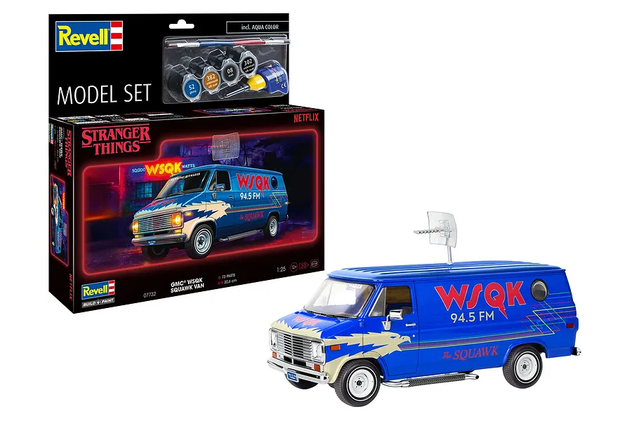 Revell 1/25 scale GMC WSQK Stranger Things van model kit box and assembled blue van model with radio antenna on roof.