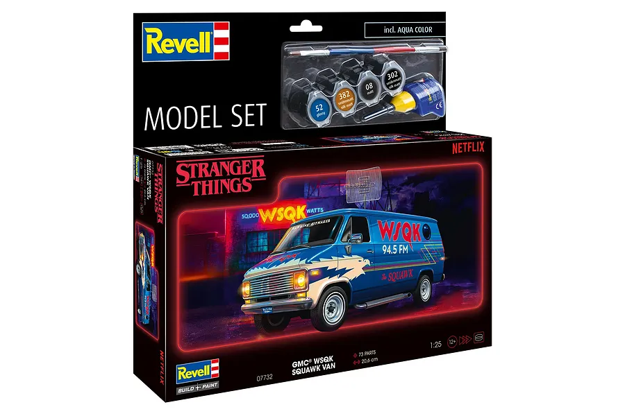 Revell 1/25 scale GMC WSQK Squawk Stranger Things van model kit box showing the finished van graphic and included paints and brush.