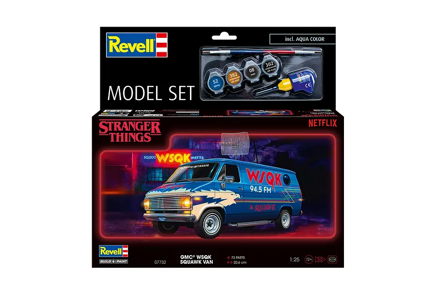 Revell 1/25 scale GMC WSQK Squawk Stranger Things model van starter kit box, featuring paints, glue, and a paintbrush.