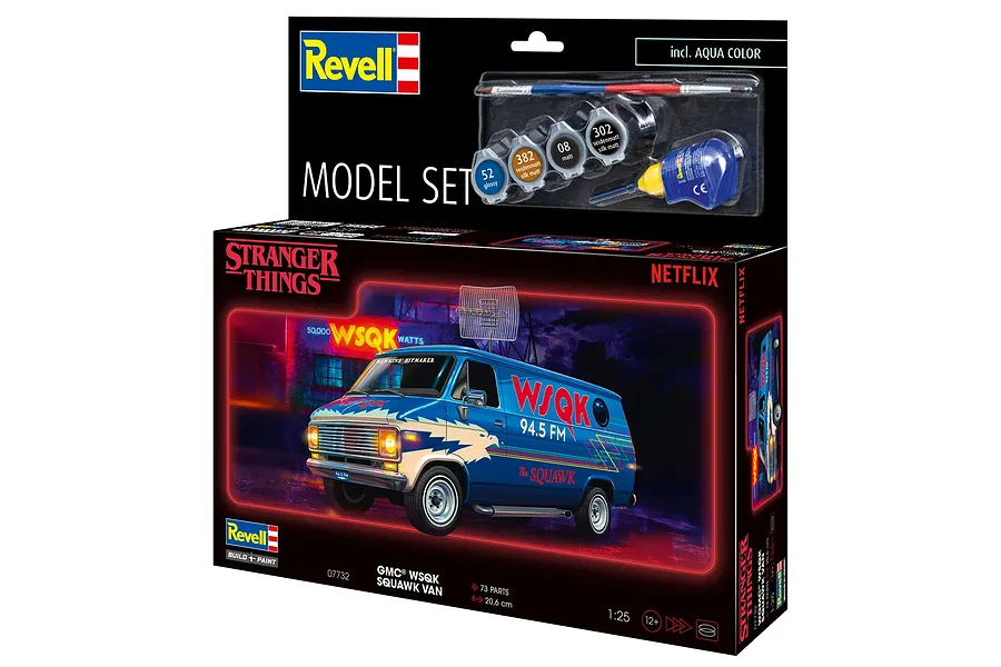 Revell 1/25 scale GMC WSQK Squawk Stranger Things van model kit box showing the finished blue van with radio station branding and included paints and brush.
