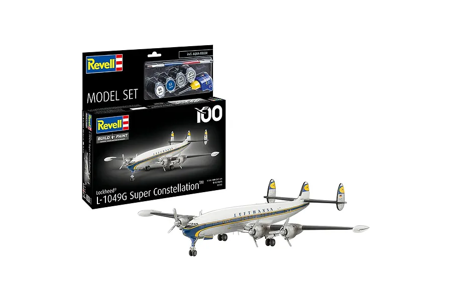 Revell 1/144 scale Lockheed L.1049G Super Constellation model aircraft kit box and assembled model on a white background.
