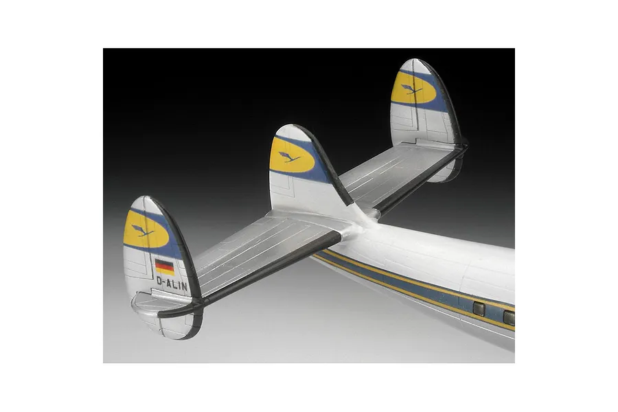 Close-up of the triple tail assembly on a Revell 1/144 scale Lockheed L.1049G Super Constellation model aircraft.