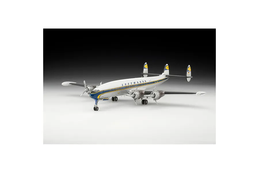 A fully assembled and painted 1/144 scale Revell Lockheed L.1049G Super Constellation model aircraft in Lufthansa livery, shown on a white surface.
