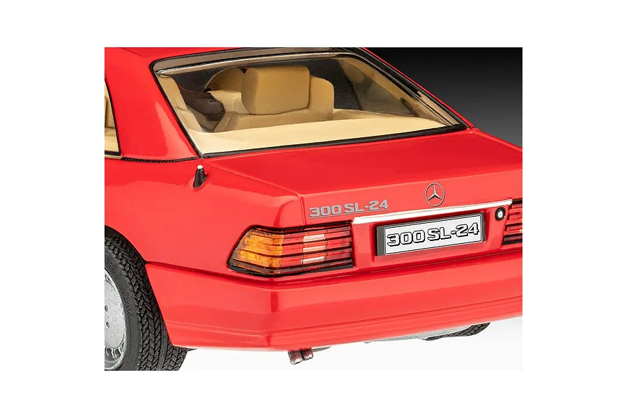 Rear view of a red Mercedes-Benz 300 SL-24 model car showing the taillights, trunk badge, and license plate.