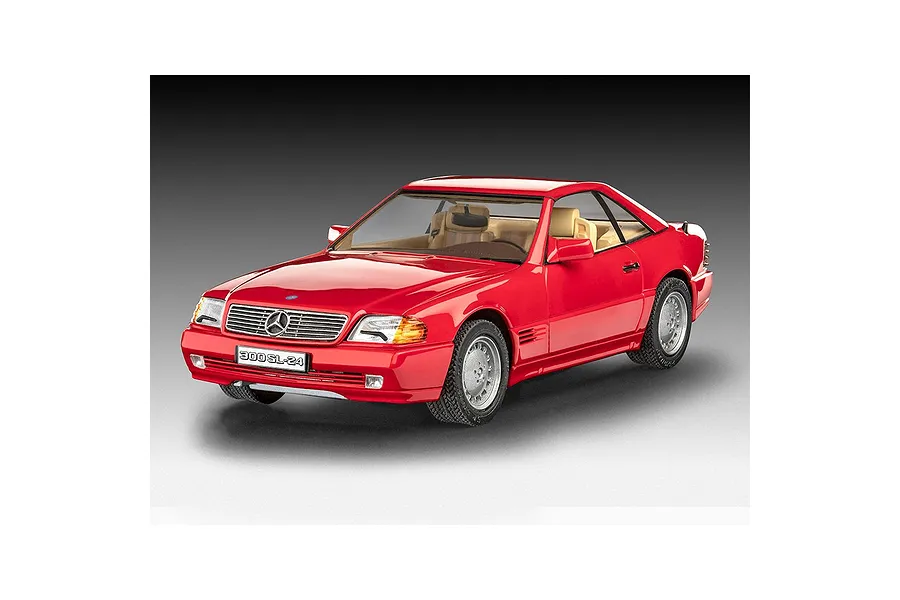 A 1/24 scale model of a red Mercedes-Benz 300 SL-24 Coupe, showing the front three-quarter view against a grey gradient background.
