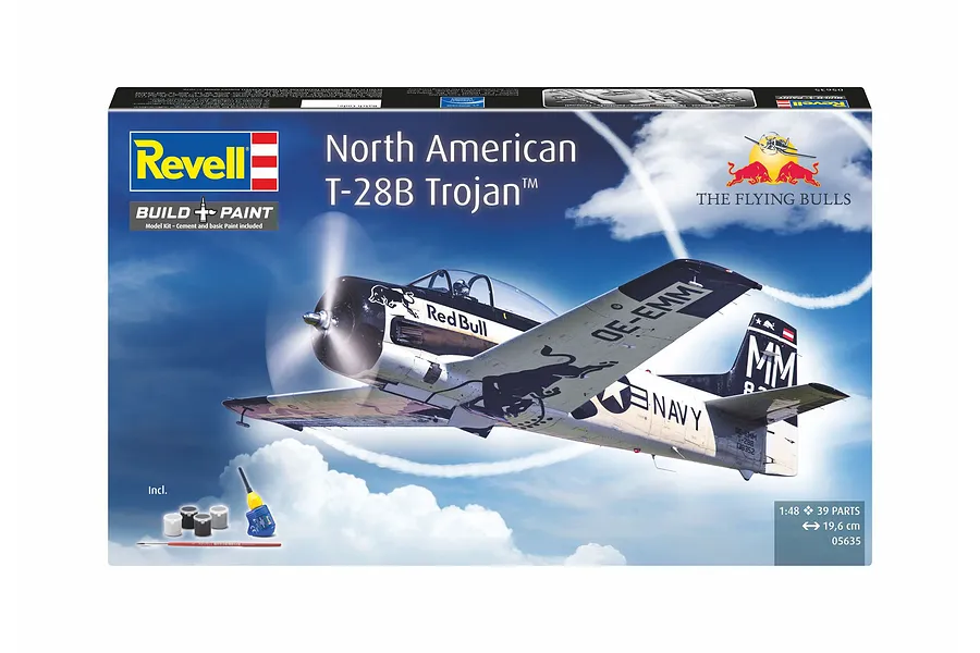 Revell 1/48 scale North American T-28B Trojan Flying Bulls model kit box showing the aircraft in flight against a blue sky.