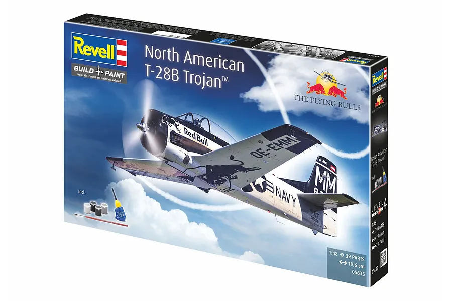 Revell 1/48 scale North American T-28B Trojan Flying Bulls plastic model kit box showing the finished aircraft in flight against a blue sky.