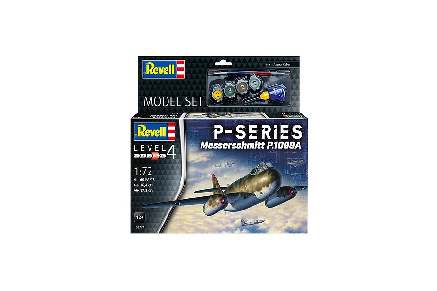 Revell 1/72 scale Messerschmitt P.1099A model kit box featuring artwork of the aircraft in flight, including paint pots, glue, and a brush.