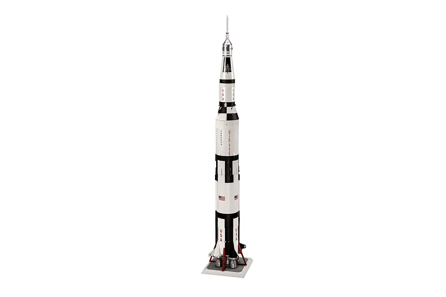 A fully assembled 1/96 scale plastic model of the Apollo 11 Saturn V rocket standing vertically on a display base against a white background.