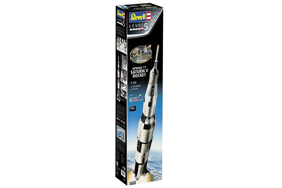 Revell 1/96 scale Apollo 11 Saturn V rocket plastic model kit box showing the finished rocket model against an Earth background.