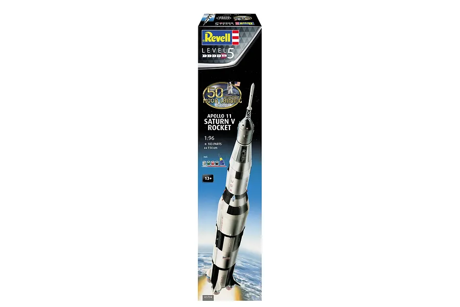 Revell 1/96 scale Apollo 11 Saturn V Rocket model kit box featuring a 50th anniversary graphic and included paint and glue accessories.