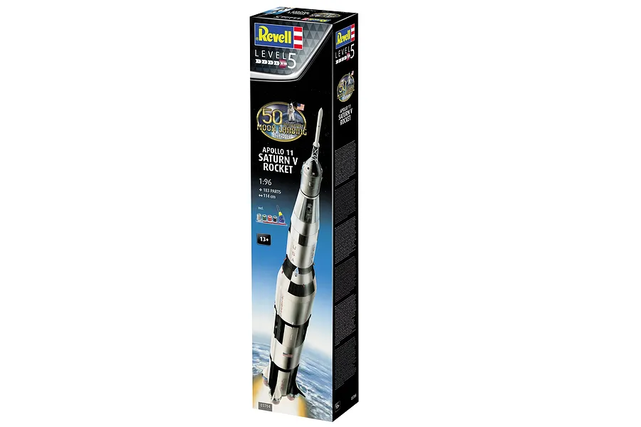 Revell 1/96 scale Apollo 11 Saturn V Rocket plastic model kit box showing the finished rocket model against a space background.