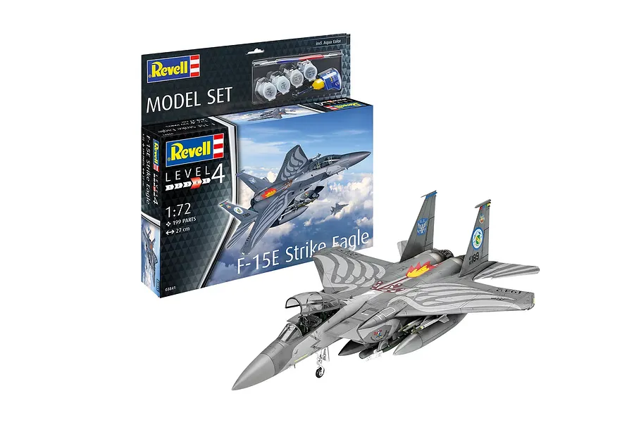 Revell 1/72 scale F-15E Strike Eagle plastic model kit box and a fully assembled, painted model aircraft on a white background.