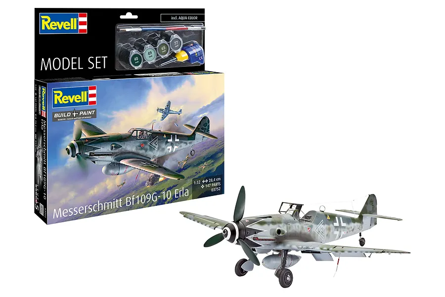 Revell 1/32 scale Messerschmitt Bf 109G-10 Erla model kit box and a fully assembled, painted model aircraft on a white background.