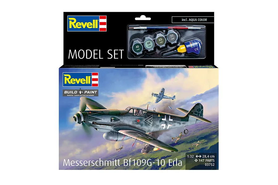 Revell 1/32 scale Messerschmitt Bf 109G-10 Erla model kit box showing the aircraft in flight, including paint, brush, and glue.
