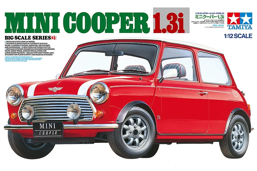 Tamiya 1/12 scale Mini Cooper 1.3i plastic model kit box art showing a red classic Mini Cooper with white roof and bonnet stripes.