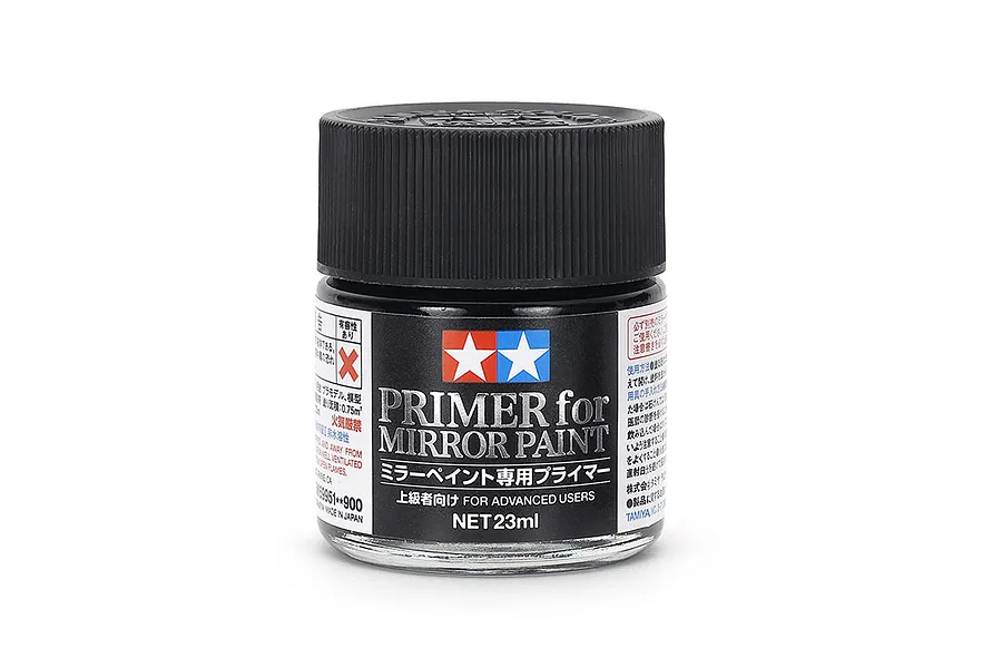 A 23ml glass jar of Tamiya Primer for Mirror Paint with a black screw-top lid, featuring the Tamiya logo and Japanese and English text on the label.