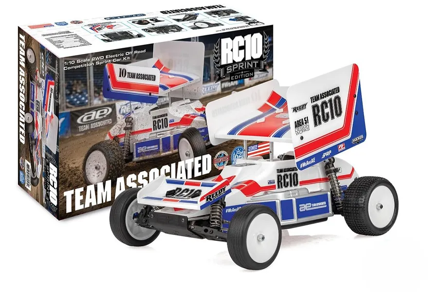 Team Associated RC10 Sprint 1/10 scale 2WD electric RC sprint car kit shown with its product packaging box.