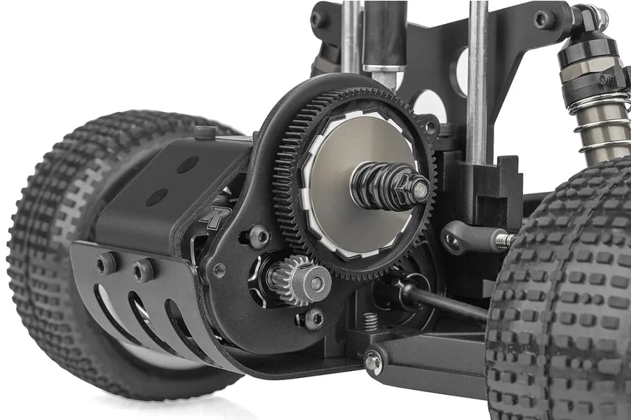 Close-up of the gear assembly and slipper clutch on a Team Associated RC10 Sprint RC car chassis.