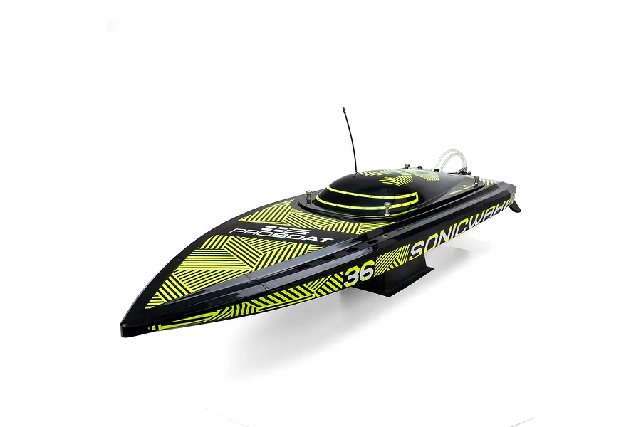 Pro Boat Sonicwake V3 36-inch RC speed boat in black with yellow geometric patterns, shown on a display stand against a white background.