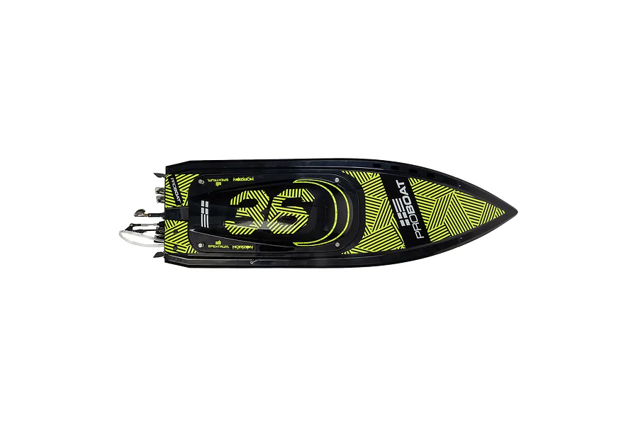 Top-down view of the Pro Boat Sonicwake V3 36 inch RC speed boat in black with neon yellow geometric patterns and branding.