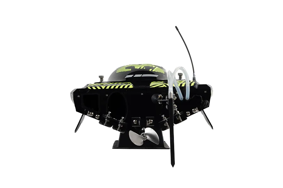 Rear view of the Pro Boat Sonicwake V3 RC boat showing the propeller, rudder, and cooling lines on a white background.