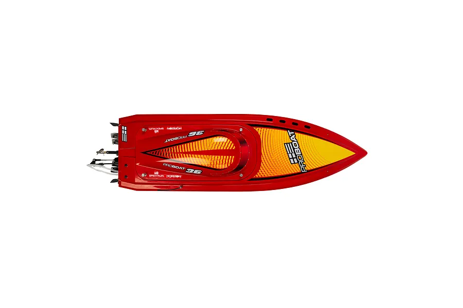 Top-down view of a red Pro Boat Sonicwake V3 36-inch RC speed boat with yellow and orange graphics on a white background.
