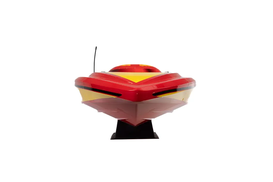 Front view of a red and yellow Pro Boat Sonicwake V3 RC speed boat on a black display stand against a white background.