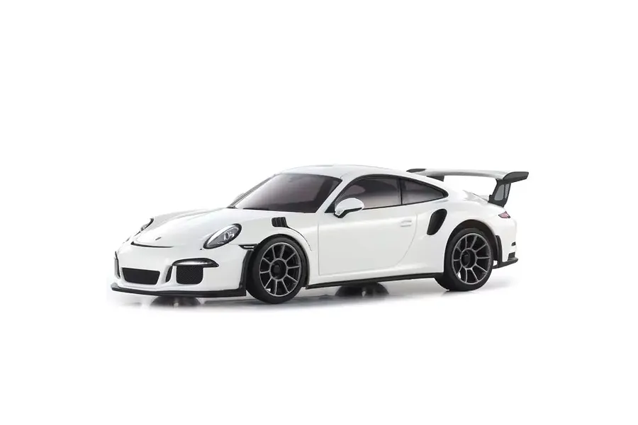 A white Kyosho Mini-Z MR-04 Porsche 911 GT3 RS RC car viewed from the front three-quarter angle against a white background.