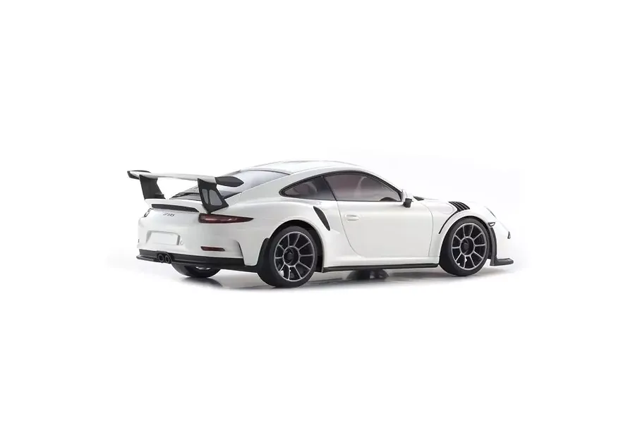 Rear three-quarter view of a white Kyosho Mini-Z Porsche 911 GT3 RS RC car on a white background.